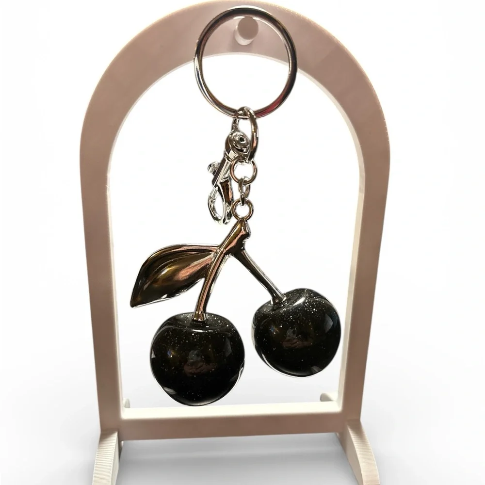 Black Glitter Cherry Keychain or Bag Charm with Silver Hardware - Picture 2 of 2